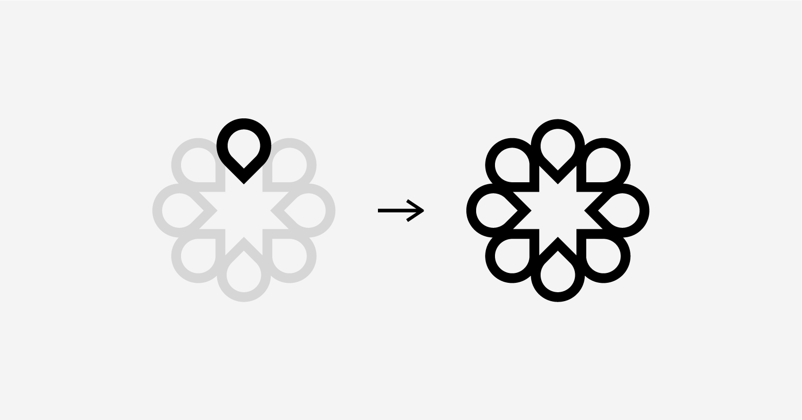 "Liquid Collective's brand symbol is a group of liquid droplets repeated in a circle. A graphical representation of 'one from many,' the resulting shape is harmonious and balanced with a star formed in the middle, symbolizing the formation of the Liquid Collective and our intended impact. The sum is greater than its parts."